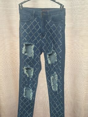 Dark Blue Studded Distressed Skinny Jeans